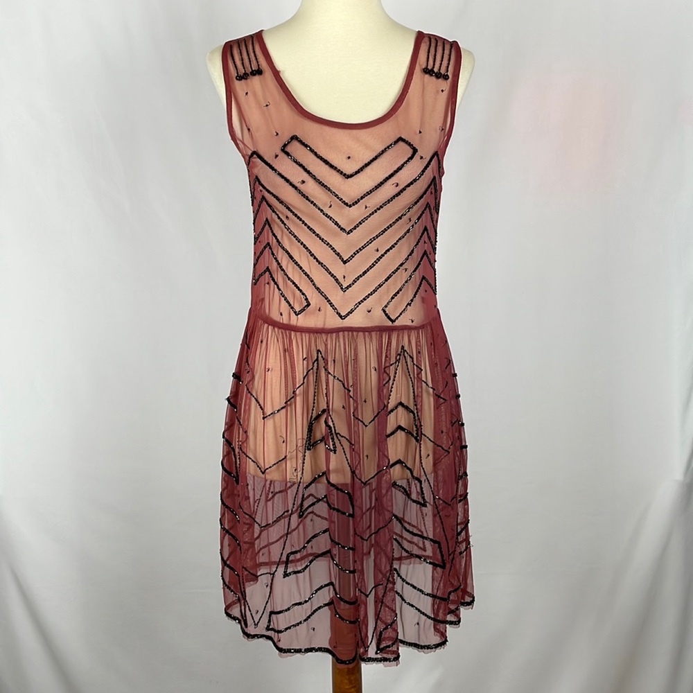 Free People Rust Sheer Mesh Boho Dress with Black Beading Sz S/M